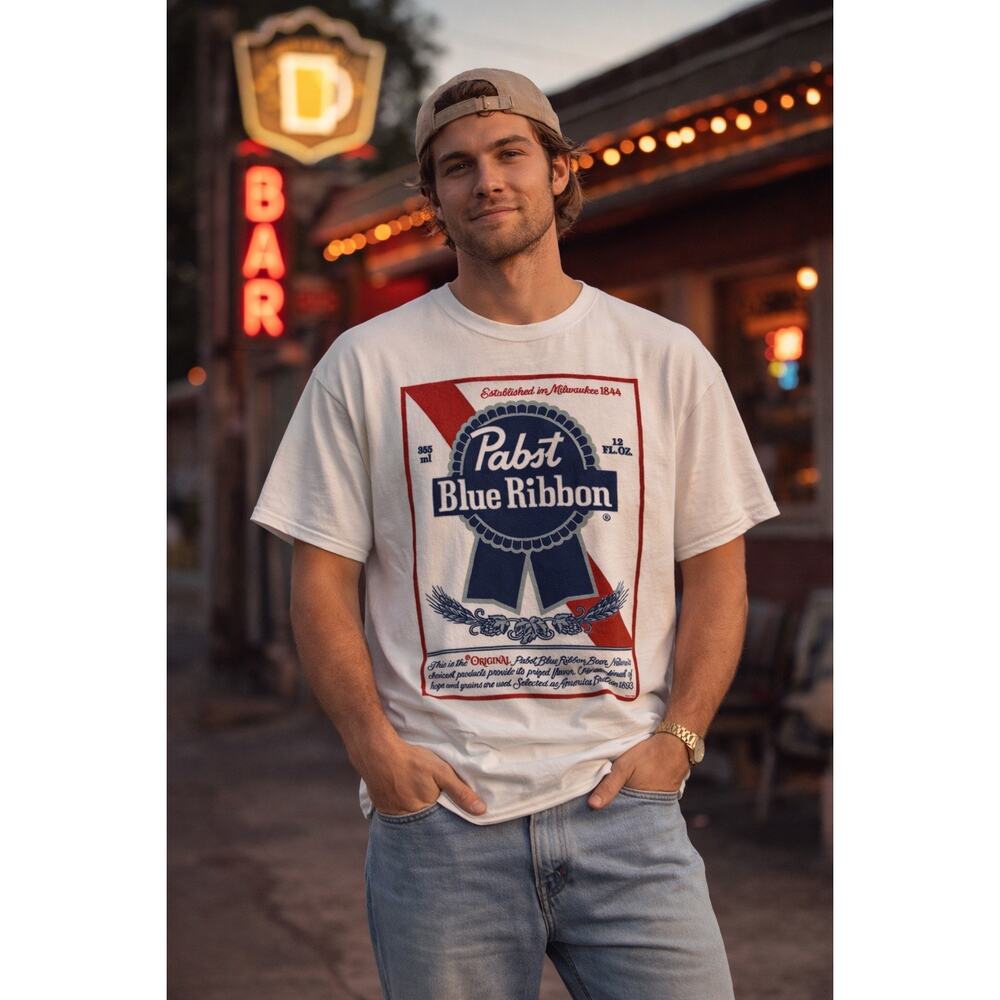 Junk Food Clothing Pabst Blue Ribbon Graphic T Shirt Mens Medium White Beer Logo